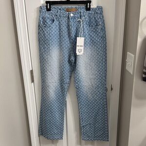 Chic High Rise Blue Patterned Jeans